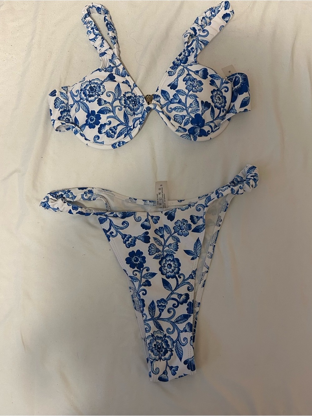 SHEIN White and Blue Floral Underwire Bikini Set